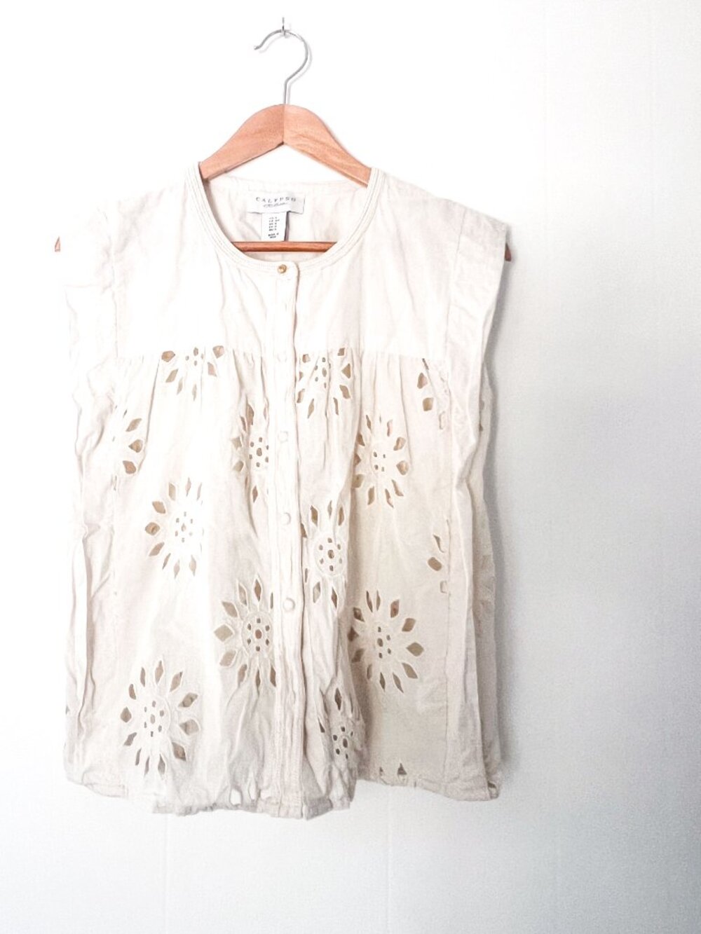 Calypso St Barth Blouse S Ivory Eyelet Coastal Grandmother Resort Quiet Luxury - Picture 3 of 9